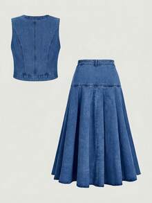 SHEIN MOD Bộ vest cỡ lớn màu trơn cài cúc phía trước và chân váy denim xếp ly, kiểu dáng thường ngày. - Rửa trung bình - Xem 2