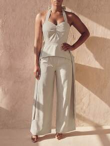 SHEIN BamGlam The Lady's New Sleeveless Neckless Halter Top, With A Large Form-Fitting Design, And A One-Piece Pantsuit, Is Suitable For Daily Casual Wear And For Festive And Holiday Occasions. - Khaki - View 3