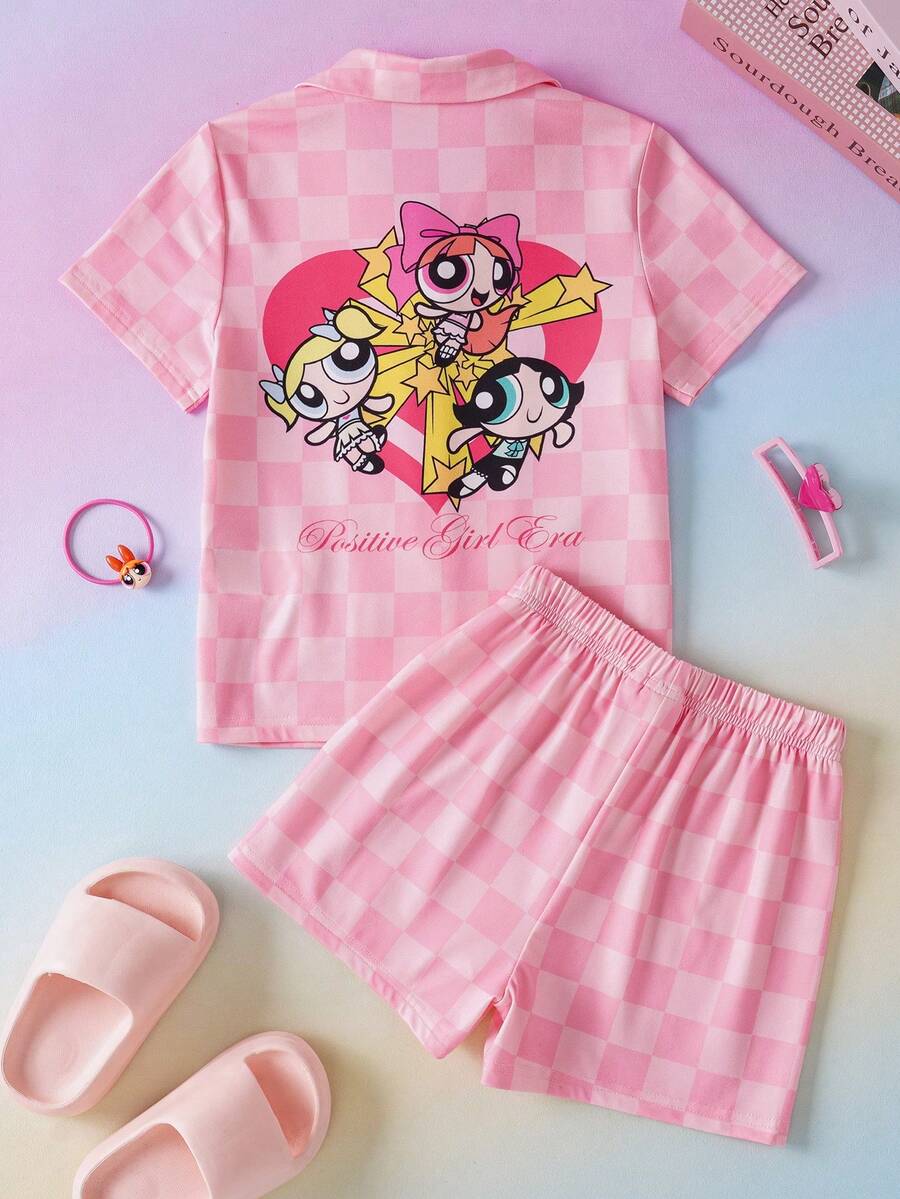 THE POWERPUFF GIRLS X SHEIN 两件套少女休闲家居服,格子卡通印花翻领短袖衬衫和短裤套装 - 粉色 - 查看 1