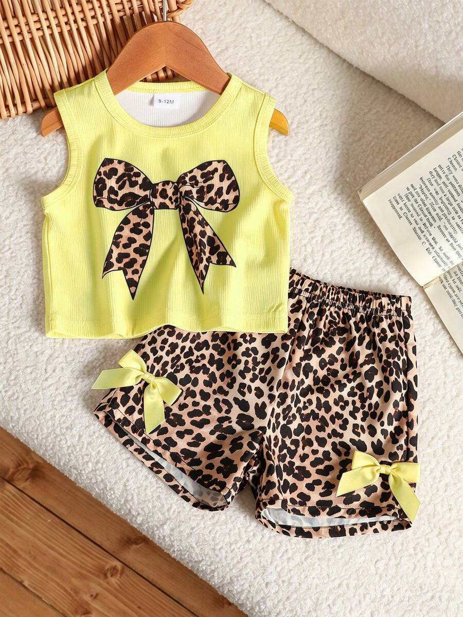 SHEIN Baby Girl Summer Apricot Leopard Print Set, Textured Sleeveless Top And Leopard Print Shorts With Apricot Bow Accent, Essential Daily Outfit - Multicolor - View 1
