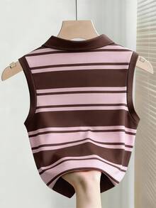 Everyssa Fashionable & Elegant Striped Print Button Sleeveless Women Knit Vest - Multicolor - View 2