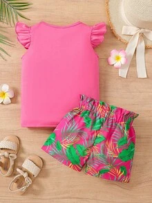 SHEIN Setelan 2 Potong untuk Liburan Anak Perempuan: Atasan Polos dan Celana Pendek Motif Tropis - MultiWarna - View 2
