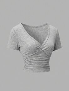 EMERY ROSE Áo thun nữ mùa hè màu trơn cổ chữ V tay ngắn ôm sát dáng casual thoải mái cho kỳ nghỉ - Màu Xám nhạt - Xem 4