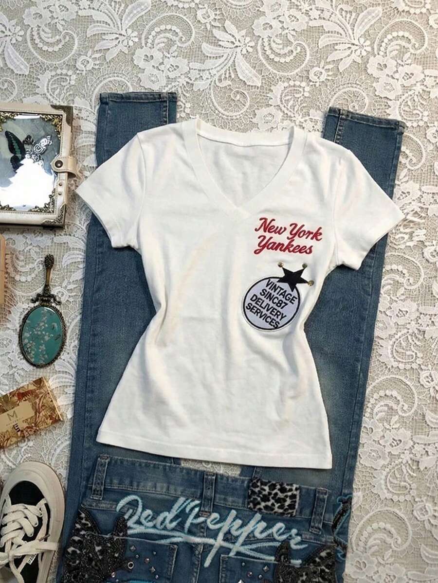 Glimmora Tricou damă cu mânecă scurtă, cu imprimeu de litere, cu decolteu în V, casual, de zi cu zi - Multicolor - Vizualizare 1