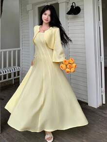 Modelyn 女士优雅浅黄色简约纯色吊带连衣裙和短款外套套装,春夏款 - 黃色 - 查看 5