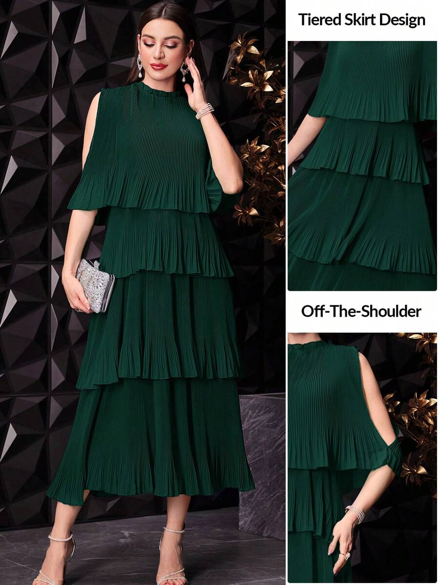 Modelyn Women's Solid Color Stand Collar Sleeveless Pleated Simple Casual Long Dress