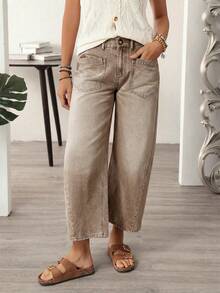EMERY ROSE Jeans rectos de bolsillo lavados de uso diario casual de talla grande - Café integral - Ver 5
