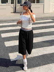 Muchica 女款格紋印花側口袋針織休閒街頭風運動休閒寬鬆運動百慕大短褲，春夏拳擊黑色格紋健身短褲 - 黑色 - 查看 3