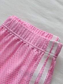 Comfortcana 女款復古街頭風運動水洗粉色與白色條紋針織寬腿休閒短褲，適合健身慢跑夏季穿著 - 粉色 - 查看 8