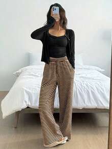 DAZY 3件套休闲纯色开衫、吊带背心和条纹裤女士家居服套装 - 黑色 - 查看 5