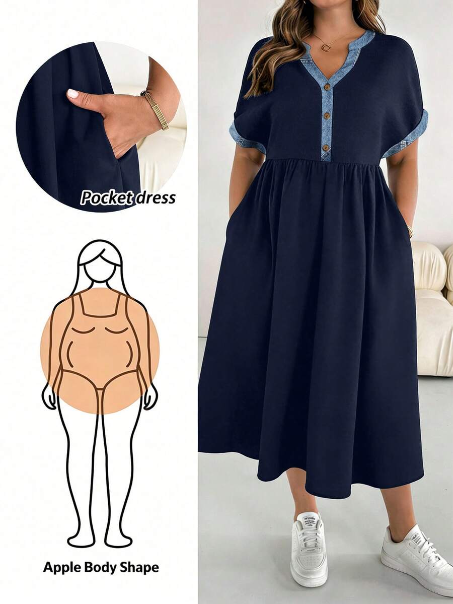 SHEIN Essnce Đầm cỡ lớn kiểu hải quân màu xanh lam phối nhiều mảnh, cổ chữ V, eo thắt. - Nhiều màu - Xem 1