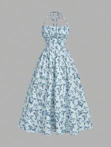 Skyraze Women's Summer Vacation Casual Tropical All-Over Print Halter Dress Light Blue Floral - Mint Green - View 5