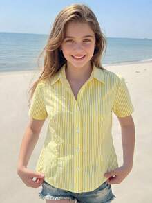 Teen GirlCasual All-Match Versatile Daily Commute Slim Fit Cropped Short Sleeve White Shirt - Yellow - View 4