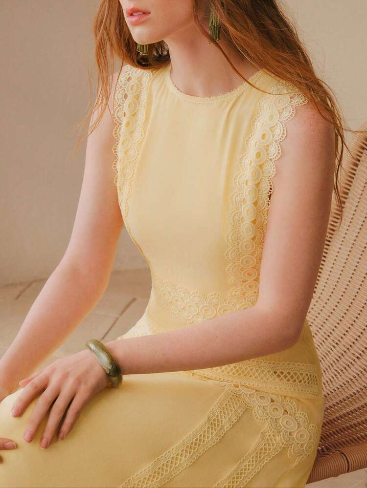 WOMEN'S ELEGANT ASYMMETRIC LACE PATCHWORK SLEEVELESS WAIST CINCHED DRESS, LIGHT YELLOW, SUMMER