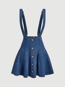 Sweetra Women's Retro Waist-Cinching Ruffle Hem Denim Pinafore Dress - Dark Wash - View 1
