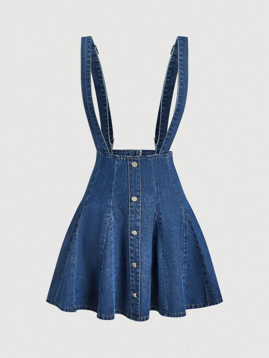 Sweetra Women's Retro Waist-Cinching Ruffle Hem Denim Pinafore Dress - Dark Wash - View 1