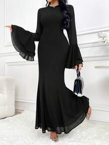 Modelyn Women Solid Color Crew Neck Long Sleeve Casual Long Dress Long Evening Dresses - Black - View 6