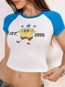SpongeBob SquarePants | SHEIN 女士圆领拼接字母卡通印花休闲百搭日常短袖T恤 - 藍白色 - 查看 1