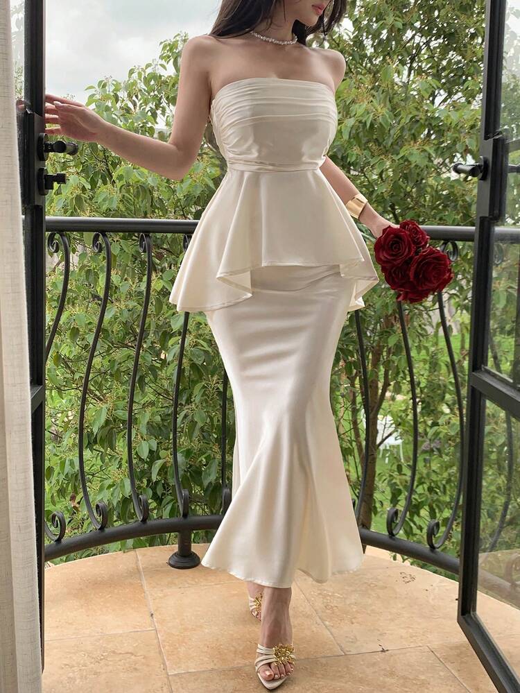 Spring/Summer Elegant Mermaid Hem Two Pieces Set, Suitable For Valentine's Day, Wedding, Party, Formal Occasion, Slim Fit With Ruffle Hem