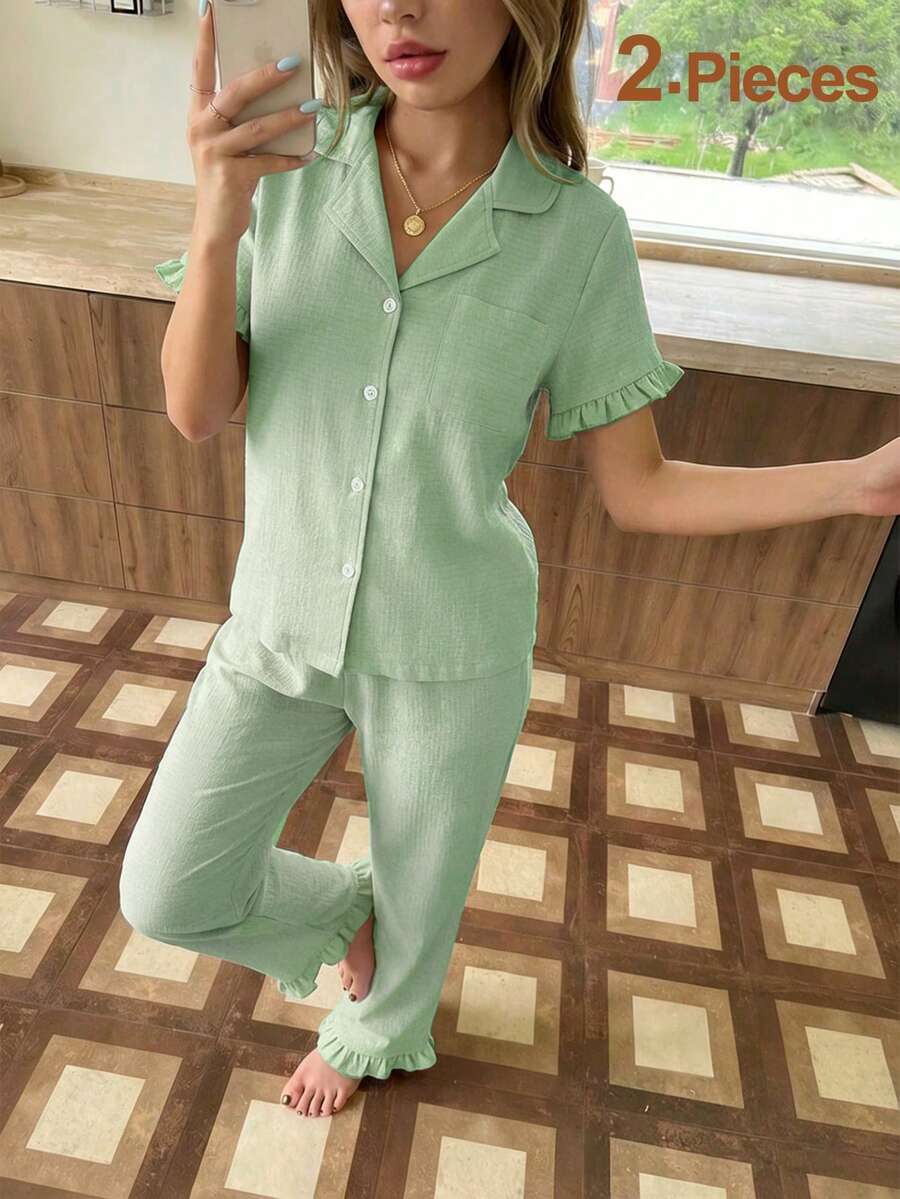 2pcs/Set Tween GirlsCollared Short Sleeve Top And Casual Pants Loungewear Set - Mint Green - View 1
