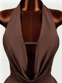 Mistrie Vestido mini para mujer con escote drapeado sexy con cuentas y espalda descubierta, Primavera/Verano 2026 - Marrón - Ver 5