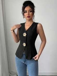 Chaleco de mujer con cuello en V, corte ajustado, decorado con botones dorados y rosas, adecuado para el trabajo, uso diario en la oficina y ropa casual.Camisa elegante y a la moda para mujer, último modelo, blusa elegante para mujer. - Negro 3 - Ver 2