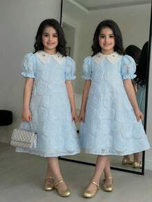 年轻女孩优雅花卉网纱连衣裙 - 藍色 - 查看 3