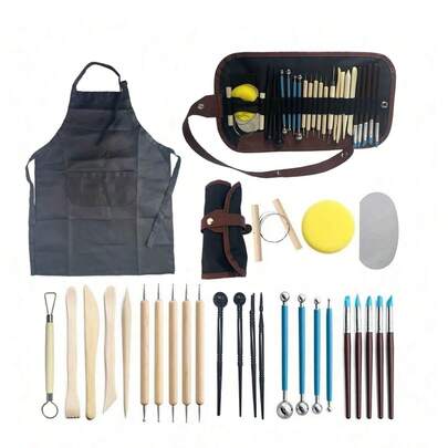 Bộ dụng cụ làm gốm sứ 28 món: 1 tạp dề làm gốm, tạp dề 2 túi đựng dụng cụ, 1 túi đựng, 1 dao cắt đất sét, 1 dụng cụ cạo bằng thép không gỉ, 1 miếng bọt biển đánh bóng, 1 dao nặn, 4 dụng cụ chạm khắc bằng gỗ, 5 dụng cụ chấm, 4 que nặn đất sét, 4 que nặn bi đất sét tự làm, 5 dụng cụ nặn silicon, vật tư nặn tượng hoạt hình.