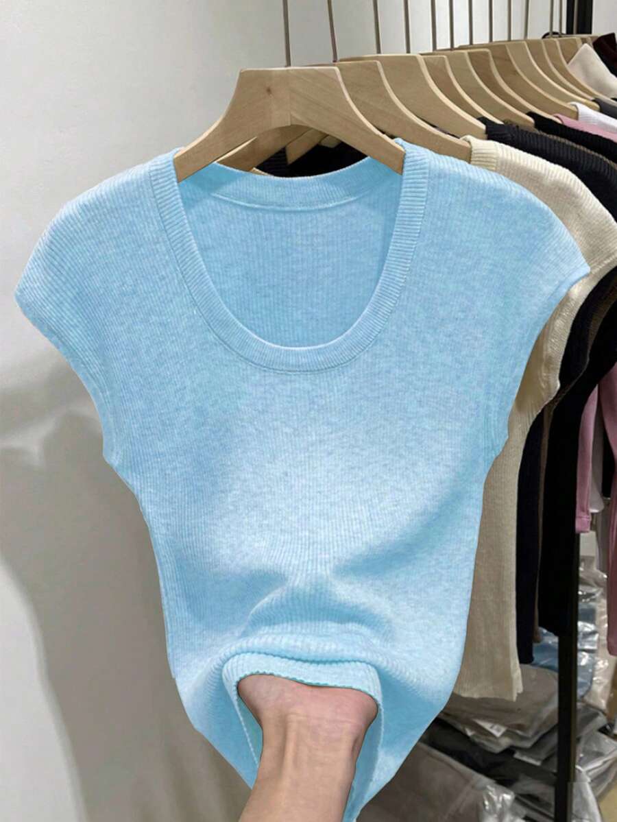 Franclia 女士纯色圆领休闲百搭日常针织上衣 - 藍色 - 查看 1