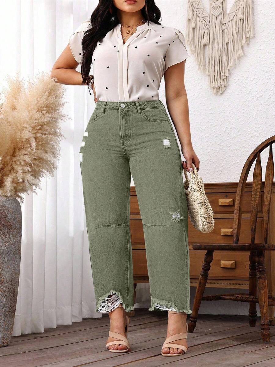 EMERY ROSE Plus Size Women Cowgirl Blue Inelastic Distressed Frayed Hem Loose Cropped Jeans, Rodeo Outfits For Women - Army Green - View 1