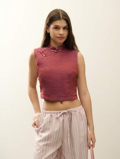 Nöista Women's Deep Maroon Sleeveless Stand-Up Collar Top (Chinese Style)
