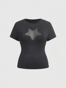 ROMWE Grunge Punk Plus Size Y2K Punk Five-Pointed Star Hollow Design Sexy Fitted Solid Color Versatile T-Shirt - Grey - View 7