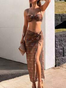 Swim Vcay 3pcs Brown Striped Beach Holiday Vacation Dress Bikini Swimwear Set Holiday Summer - Multicolor - View 1