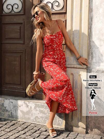 SHEIN PETITE 女士夏季时尚假日红色碎花吊带性感露背修身鱼尾连衣裙