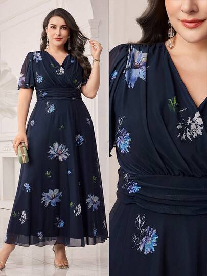 Modelyn Plus Size Spring/Summer Floral Print Belted Midi Dress,Elegant Evening Party Dress Long Evening Dresses