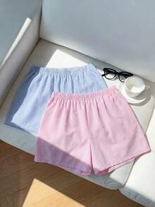 SHEIN 2pcs/Set Tween Girls' Colorful Striped Shorts, Fashionable And Stylish For Outings And Travel - Multicolor - View 2