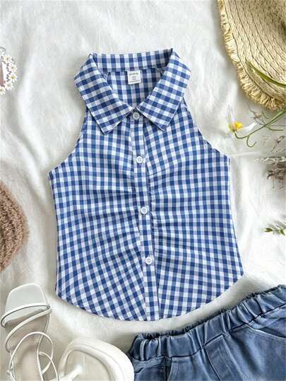 SHEIN Áo ngắn kẻ caro đỏ dáng suông, ngọt ngào và dễ thương kiểu Pháp, cổ yếm, cài cúc, dành cho bé gái (cỡ lớn) mùa xuân/hè.