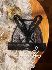 SHEIN Divavoom Áo ngực không gọng mỏng, gợi cảm, phối ren dành cho nữ - màu đen - Xem 2