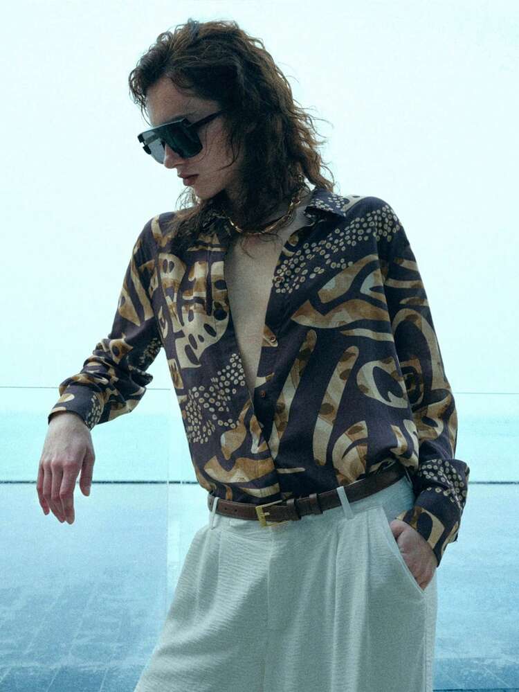 WOMEN'S LOOSE LINEN PRINTED LONG SLEEVE SHIRT, SPRING/SUMMER