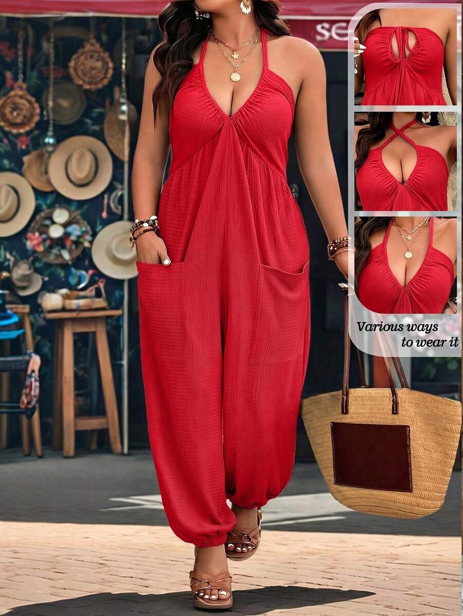 Breezaya Mono con cuello en V texturizado, bolsillo y cordón, talla grande, para uso casual en casa, salidas y vacaciones - Rojo - Ver 1