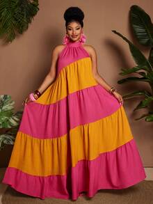 Maweii Plus Size Color Block Layered Sleeveless Tie Front Dress - Multicolor - View 3