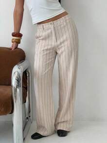 SHEIN EZwear 灰粉色条纹梭织女式西装裤 - 粉色 - 查看 6