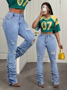 Slaydiva Quần jean denim nữ có túi và cúc, kiểu dáng rách, thoải mái, đa năng, thích hợp mặc hàng ngày. - Màu xanh lam - Xem 1
