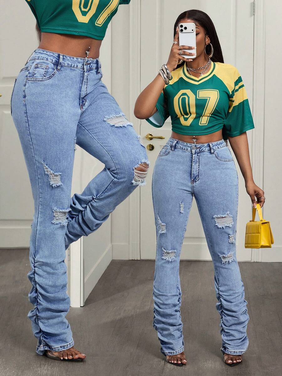 Slaydiva Quần jean denim nữ có túi và cúc, kiểu dáng rách, thoải mái, đa năng, thích hợp mặc hàng ngày. - Màu xanh lam - Xem 1