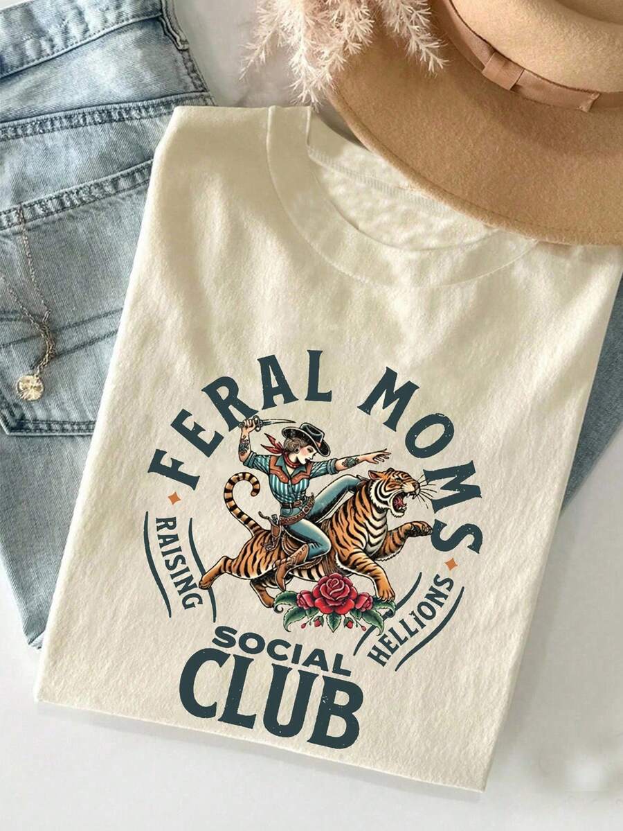 SHEIN LUNE Áo thun in chữ và hình con hổ phong cách phương Tây cỡ lớn - Màu be - Xem 1