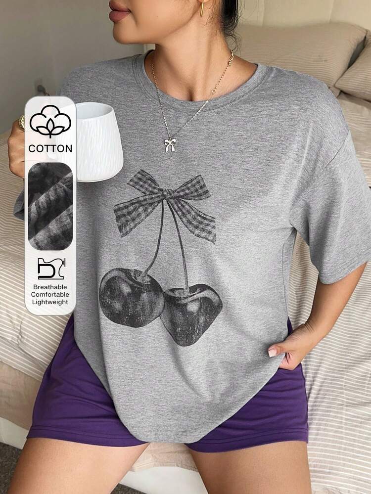 Dazy Plus Women Plus Size Casual Cherry Print Loose T-Shirt And Shorts Pajama Set, Spring/Summer