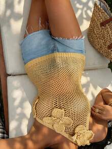 Selianne Áo croptop nữ kiểu retro móc 3D khoét rỗng gợi cảm - Màu vàng - Xem 7