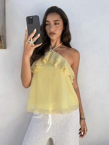 Aloruh Camiseta sin mangas con cuello halter, decoración metálica y volantes multicapa en color amarillo para mujer, primavera/verano - Amarillo - Ver 6