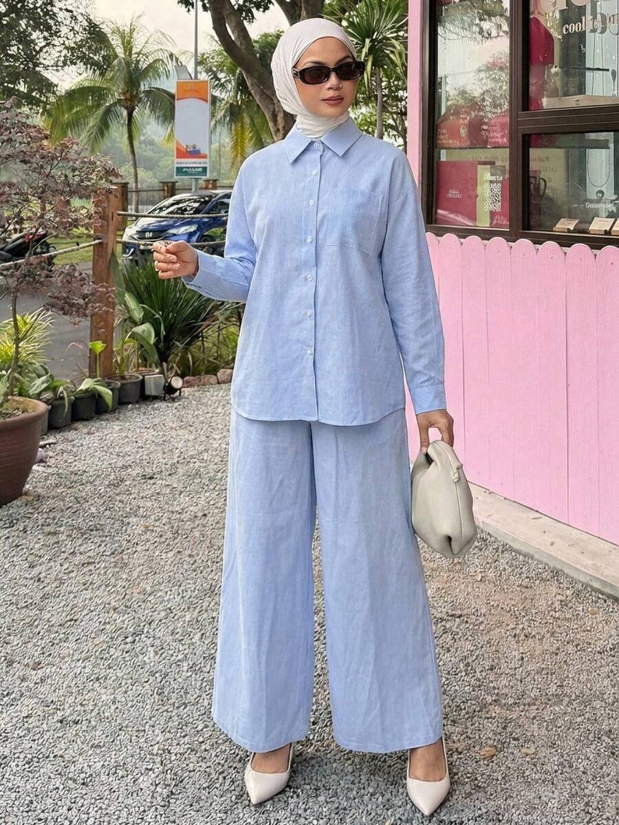 DAZY Spring & Summer Fashion Striped Casual Suit For Women, New Minimalist Design Lapel Long Sleeve Shirt And Loose Pants 2-Piece Set - Blue - View 1