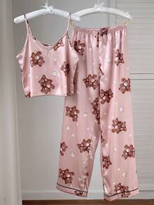 SHEIN Comfortcana 女士小熊印花吊帶背心長褲睡衣套裝 - 杏色 - 查看 8